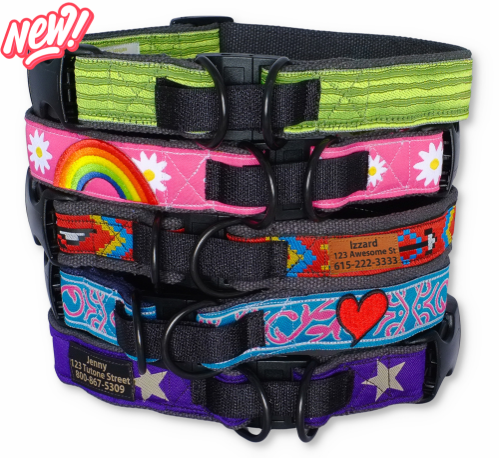 earthdog decorative hemp breakaway dog collars with stitched Velcro® safety system and dual D-rings