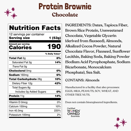 elavi chocolate protein brownies are available now in kym's vegan market