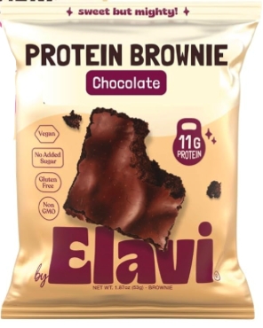elavi chocolate protein brownies are available now in kym's vegan market
