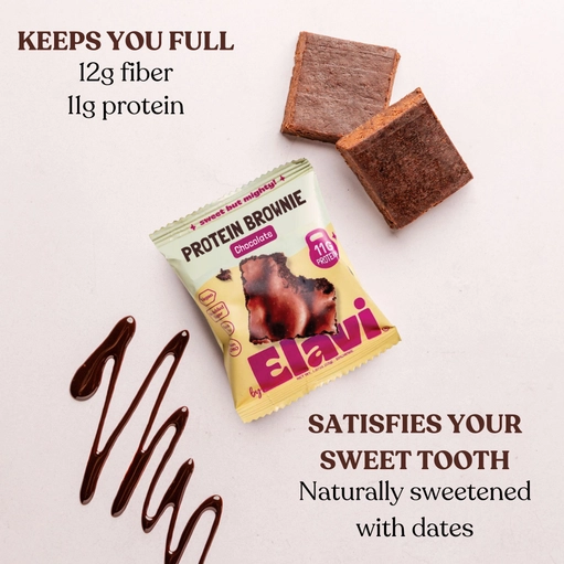elavi chocolate protein brownies are available now in kyms vegan market